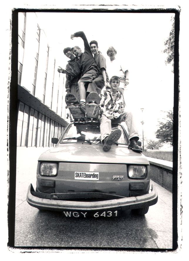 Polish skaters test the durability of a domestic vehicle on the streets of Warsaw, Poland 1992.